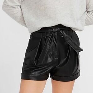 Express || black high waisted began faux leather belted shorts size 8